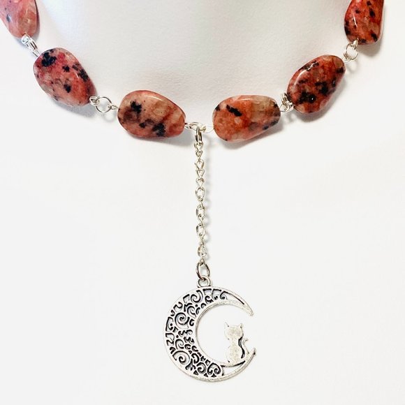 Natural Gemstone Pink Rhodonite Lariat Choker, Cat on the Moon Pendant - Picture 3 of 10
